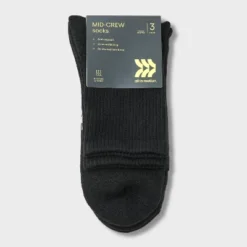 Men's 3pk Quarter Crew Socks - All In Motion™ Black 6-12: Recycled Polyester, Cushioned Heel & Toe
