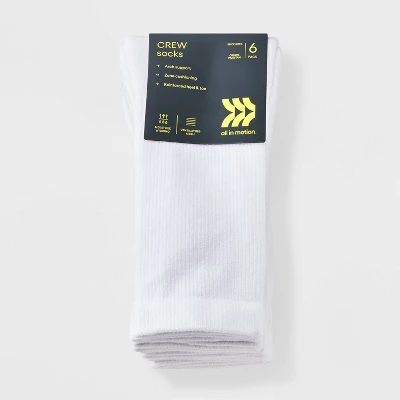 Women's Cushioned Foundation 6pk Athletic Crew Socks - All In Motion™ White 4-10: Recycled Polyester, Arch Support, Zone Cushioning 3 Women's Cushioned Foundation 6pk Athletic Crew Socks - All In Motion™ White 4-10: Recycled Polyester, Arch Support, Zone Cushioning