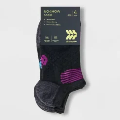 Women's 4pk Cushioned Diamond Accents No Show Athletic Socks - All In Motion™