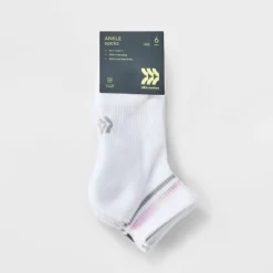 Women's Striped Cushioned 6pk Ankle Socks - All In Motion™ White/Pink 4-10: Arch Support, Knit Fabric